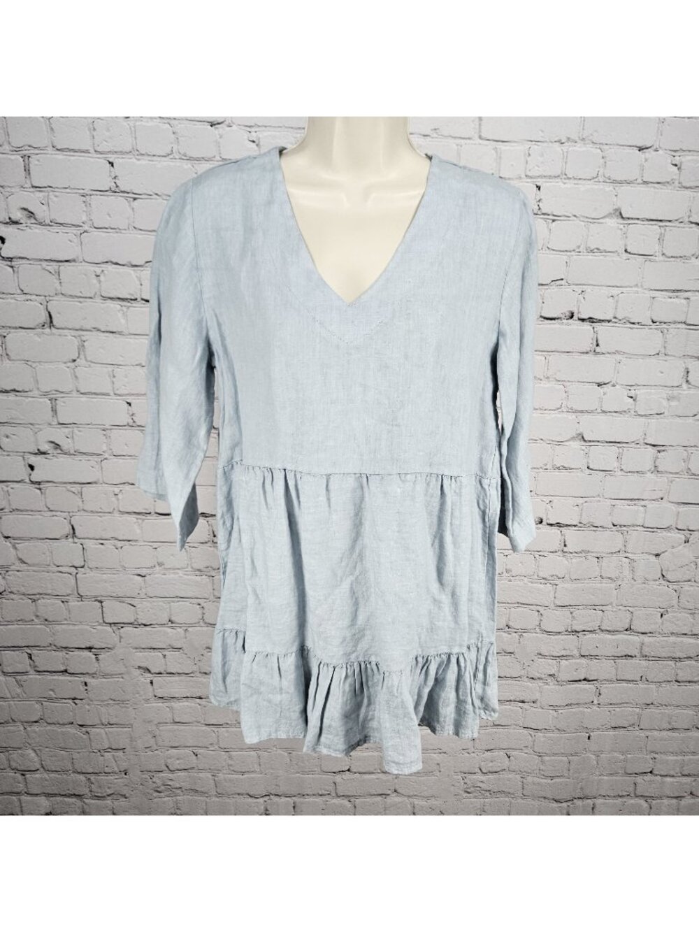 NWT Laura Bianchi Powder Blue 100% Linen Tiered 3/4 Sleeve Top Italy Medium M